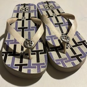 White Tory Burch wedge flip flops